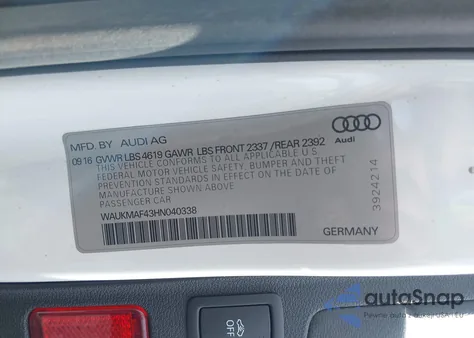 2017 Audi A4 2.0T Season Of Audi Ultra Premium z USA, uszkodzony, nr VIN WAUKMAF43HN040338